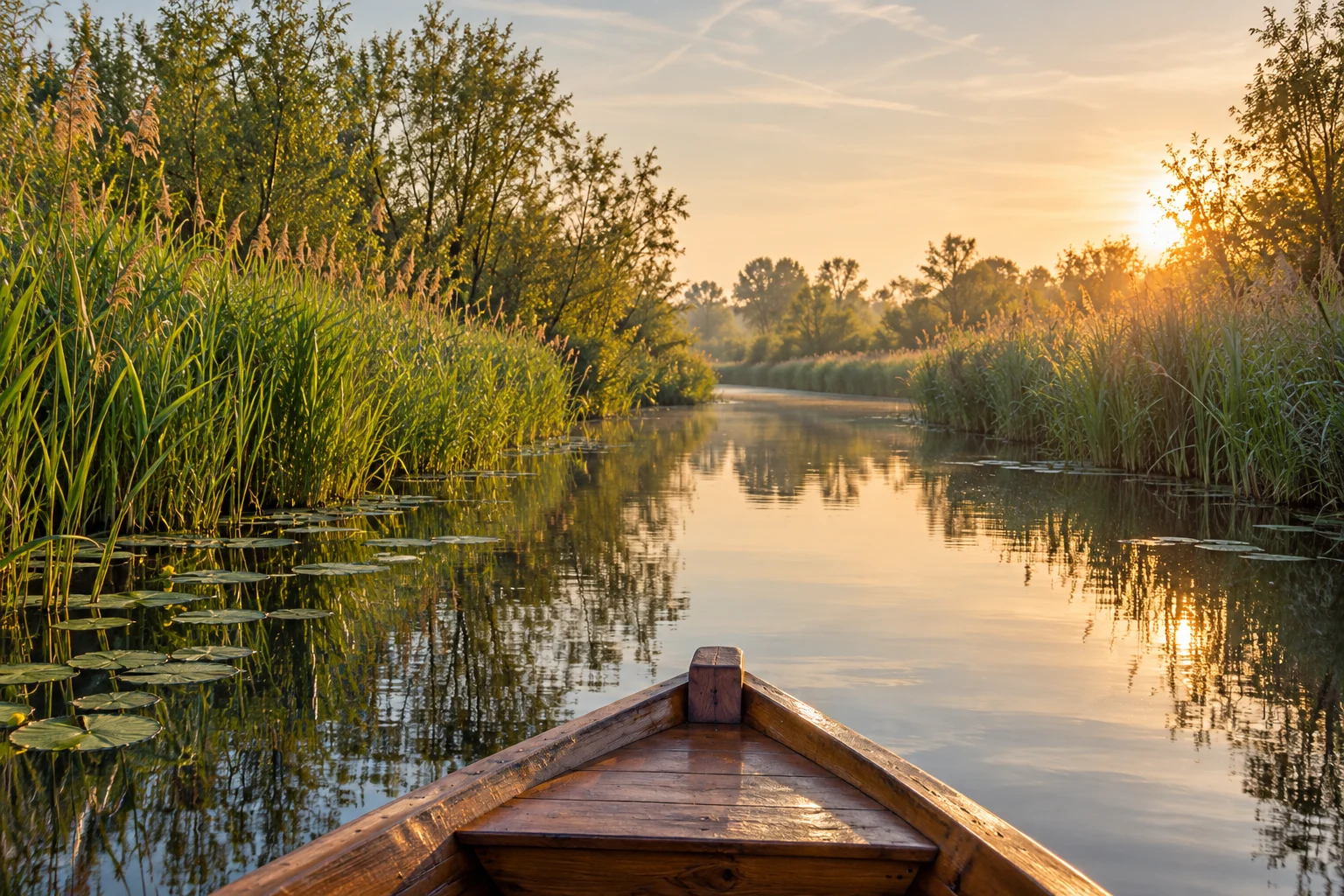 Illustratief sfeerbeeld: een houten boot op een rustige waterweg