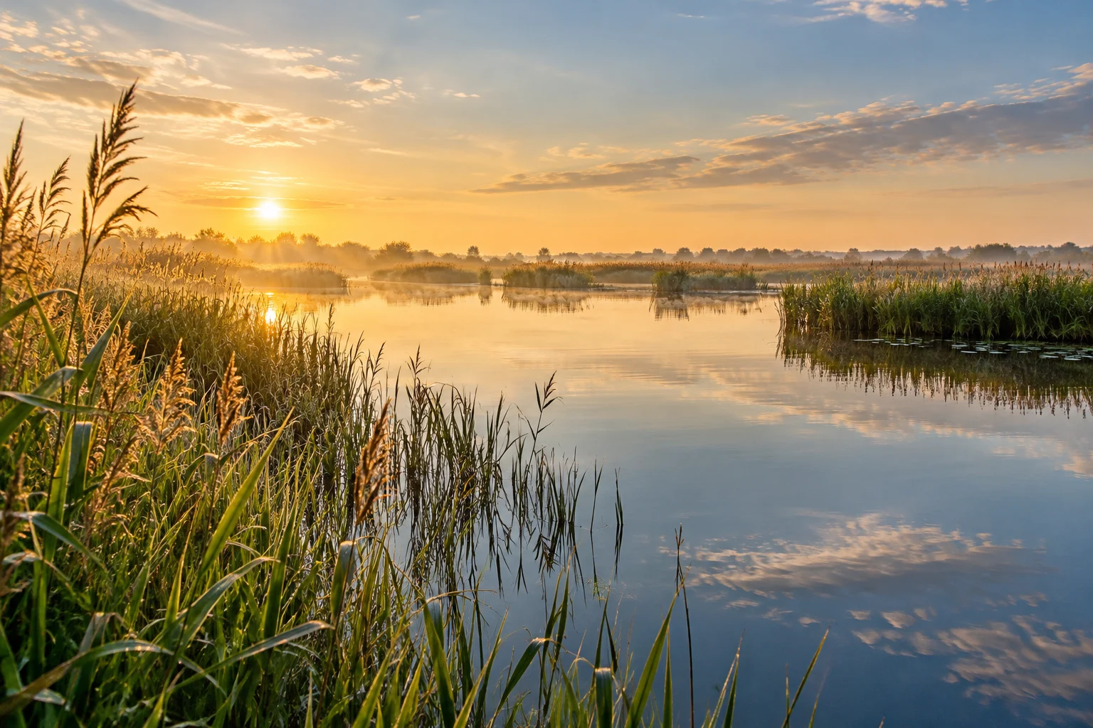 Illustratief sfeerbeeld van riet en rustig water